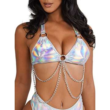 Rave Outfits for Women - EDC Metallic Holographic Body Chain Harness Top High Waist Bottom Festival Dance Bikini(Silver,L,1314e)