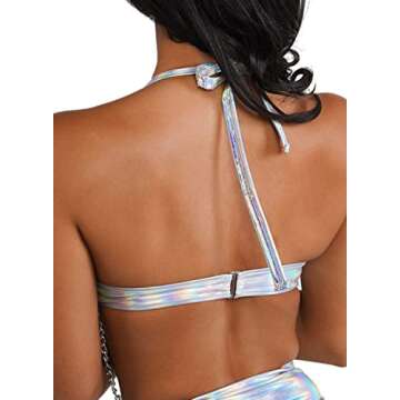 Rave Outfits for Women - EDC Metallic Holographic Body Chain Harness Top High Waist Bottom Festival Dance Bikini(Silver,L,1314e)
