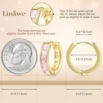 Linawe Flat Back Gold Hoop Earrings for Women Trendy, Pink Cubic Zirconia Earrings Studs, Helix Mois...