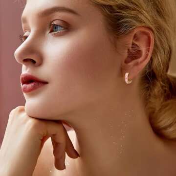 Linawe Flat Back Gold Hoop Earrings for Women Trendy, Pink Cubic Zirconia Earrings Studs, Helix Moissanite Earrings, Cute Small Huggie Earrings, Cartilage Cuff Ear Piercing