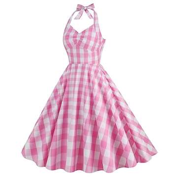 50s Plaid Halter Dresses for Women Vintage Pink Plaid Dress Pin Up Dresses 1950 Gingham Rockabilly D...