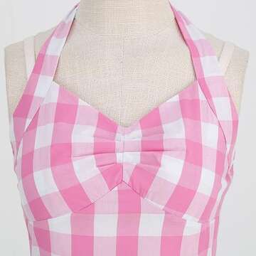 50s Plaid Halter Dresses for Women Vintage Pink Plaid Dress Pin Up Dresses 1950 Gingham Rockabilly Dresses Women Pink White Gingham Knee Length Swing Dresses Pink White Gingham-Halter Medium