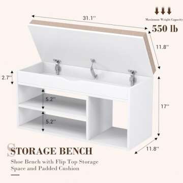 Apicizon Storage Bench, Shoe Bench with Flip Top Storage Space and Padded Cushion, Wooden Bench with...
