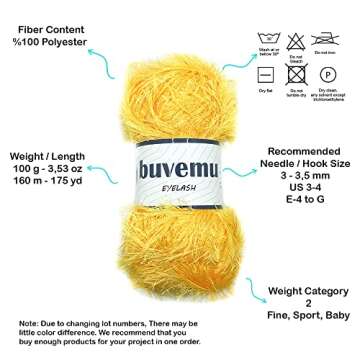 Buvemu Eyelash Fun Fur Yarn 100 Gram (3.53 Ounces) 175 Yards (160 Meters) (Yellow)