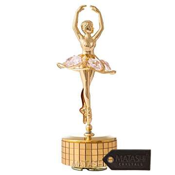Matashi Valentine's Day Gift - 24K Gold Plated Ballet Dancer Wind-Up Music Box w Pink Crystals Elega...