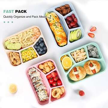PUiKUS 4 Pack Bento Lunch Box, 4 Compartment Meal Prep Containers, Lunch Box for Kids, BPA Free Plastic Reusable Food Storage Containers - Stackable, Suitable for Schools, Companies,Work and Travel