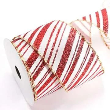 ALTIER White and Red Stripped Glitter Ribbon for Christmas Decorating, Gift Wrapping & Crafts (2.5 I...
