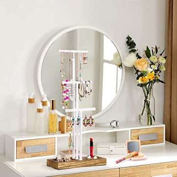 Love-KANKEI Jewelry Tree Stand White Metal and Wood Base Large Storage Jewelry Organizer for Necklac...