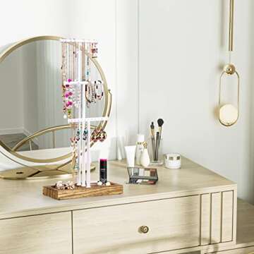 Love-KANKEI Jewelry Tree Stand White Metal and Wood Base Large Storage Jewelry Organizer for Necklaces Bracelets Earrings Holder Jewelry Display Gift White and Carbonized Black