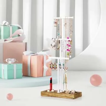 Love-KANKEI Jewelry Tree Stand White Metal and Wood Base Large Storage Jewelry Organizer for Necklaces Bracelets Earrings Holder Jewelry Display Gift White and Carbonized Black