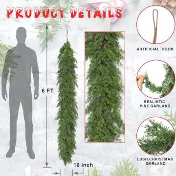 6 Ft Real Touch Christmas Garland,Thick and Lush，Soft Bendable, Lifelike Cedar Garland Realistic, Garlands for Decoration Christmas，Christmas Garland for Mantle,Outdoor Indoor Christmas Decorations