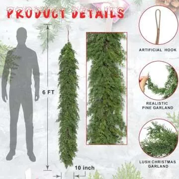 6 Ft Real Touch Christmas Garland,Thick and Lush，Soft Bendable, Lifelike Cedar Garland Realistic, Garlands for Decoration Christmas，Christmas Garland for Mantle,Outdoor Indoor Christmas Decorations
