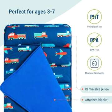 Wildkin Original Nap Mat with Reusable Pillow for Boys & Girls, Perfect for Elementary Daycare Sleepovers, Features Hook & Loop Fastener, Cotton Blend Materials Nap Mat for Kids (Transportation)