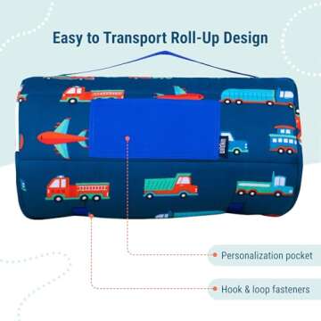 Wildkin Original Nap Mat with Reusable Pillow for Boys & Girls, Perfect for Elementary Daycare Sleepovers, Features Hook & Loop Fastener, Cotton Blend Materials Nap Mat for Kids (Transportation)