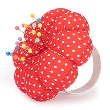 NEOVIVA Pincushions for Sewing with Wristband, Cute Wrist Pin Cushion for Daily Needlework, Style Pumpkin, Pack of 2, Polka Dot Red