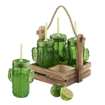 Artland Caddy with Four 15oz Cactus Sippers and Eco-Friendly Reusable Straws