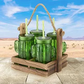 Artland Caddy with Four Cactus Sippers & Straws - Eco-Friendly