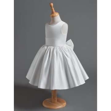 Inpown Ivory Satin Flower Girl Dress Toddler Knee Length First Communion Dress for Girls Kids Wedding Elegant Formal Gown with Bow-Knot Size 2