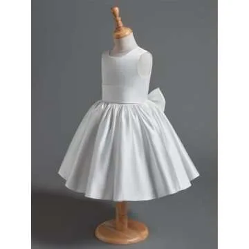 Inpown Ivory Satin Flower Girl Dress Toddler Knee Length First Communion Dress for Girls Kids Wedding Elegant Formal Gown with Bow-Knot Size 2