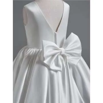 Inpown Ivory Satin Flower Girl Dress Toddler Knee Length First Communion Dress for Girls Kids Wedding Elegant Formal Gown with Bow-Knot Size 2