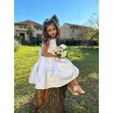 Inpown Ivory Satin Flower Girl Dress Toddler Knee Length First Communion Dress for Girls Kids Wedding Elegant Formal Gown with Bow-Knot Size 2