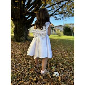 Inpown Ivory Satin Flower Girl Dress Toddler Knee Length First Communion Dress for Girls Kids Wedding Elegant Formal Gown with Bow-Knot Size 2