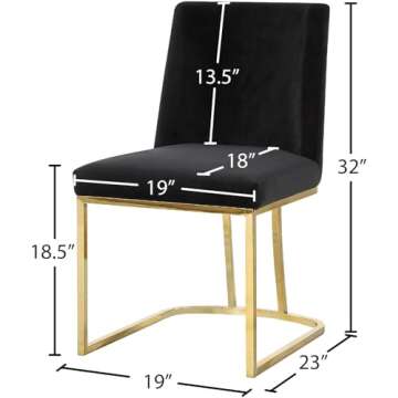 Meridian Furniture Heidi Collection Modern | Contemporary Velvet Upholstered Dining Chair with Polished Gold Metal Frame, Set of 2, 19" W x 23" D x 32" H, Black