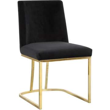 Meridian Furniture Heidi Collection Modern | Contemporary Velvet Upholstered Dining Chair with Polished Gold Metal Frame, Set of 2, 19" W x 23" D x 32" H, Black