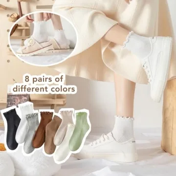 Fandecie 8 Pairs Frilly Socks - Cute Ruffle Ankle Socks for Women