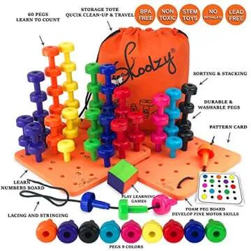 Skoolzy Peg Board for Kids 60 Piece Set - Toddler Occupational Therapy Montessori Toys - Counting, Color Sorting Toy for Kids Ages 18 Months+ Includes Pegs, Blocks, Dice, Lace & eBook