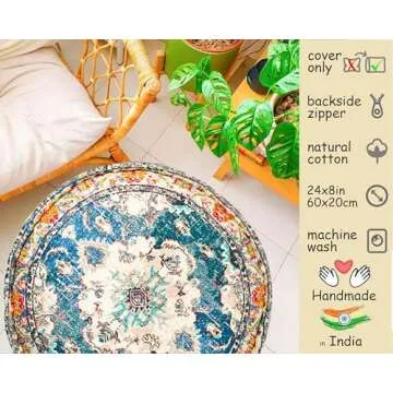 Moroccan Floor Pillow Cover Blue Round Floor Cushion Boho Room Décor Moroccan Seating Area Perfect Pouf Ottoman for Living Room, Bedroom, Nursary or Children Room Cotton 24x8 Unstuffed