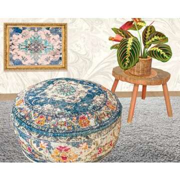 Moroccan Floor Pillow Cover Blue Round Floor Cushion Boho Room Décor Moroccan Seating Area Perfect Pouf Ottoman for Living Room, Bedroom, Nursary or Children Room Cotton 24x8 Unstuffed