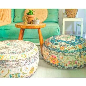 Moroccan Floor Pillow Cover Blue Round Floor Cushion Boho Room Décor Moroccan Seating Area Perfect Pouf Ottoman for Living Room, Bedroom, Nursary or Children Room Cotton 24x8 Unstuffed