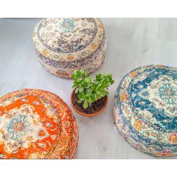 Moroccan Floor Pillow Cover Blue Round Floor Cushion Boho Room Décor Moroccan Seating Area Perfect Pouf Ottoman for Living Room, Bedroom, Nursary or Children Room Cotton 24x8 Unstuffed