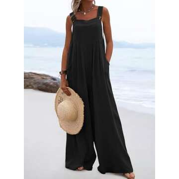 Dokotoo Loose Jumpsuits for Women Overalls Oversized Solid Color Adjustable Straps Wide Leg One Piece jumpsuit Long Pant Romper with Pockets Black Large