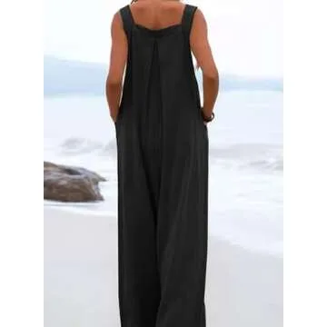 Dokotoo Loose Jumpsuits for Women Overalls Oversized Solid Color Adjustable Straps Wide Leg One Piece jumpsuit Long Pant Romper with Pockets Black Large