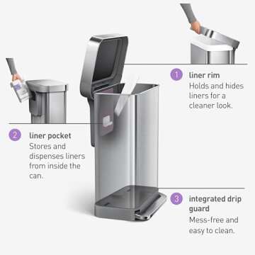 simplehuman 45 Liter / 12 Gallon Rectangular Hands-Free Kitchen Step Trash Can with Soft-Close Lid, Brushed Stainless Steel