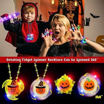 66Pcs Halloween Party Favors for Kids, Light Up Rings Spin Necklaces Halloween Goodie Bag Fillers Tr...