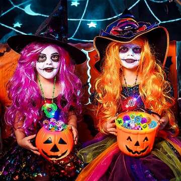 66Pcs Halloween Party Favors for Kids, Light Up Rings Spin Necklaces Halloween Goodie Bag Fillers Treats Prizes Glow in The Dark Halloween Toys Bulk Carnival Classroom Favors Trick or Treat Toys