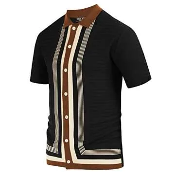 Mens Short Sleeve Retro Bowling Shirts Vintage Stripe 70s Polo Tee Shirts Black S