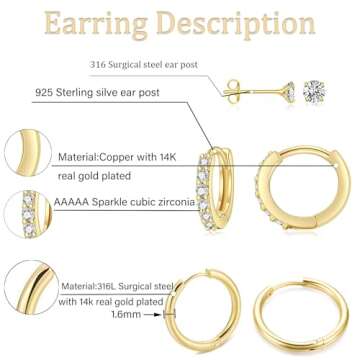 Cocadant 14K Gold Huggie Hoop Earrings & CZ Studs