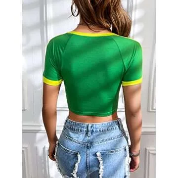 BEAUDRM Women's Letter Graphic Round Neck Contrast Binding Crop Tee Short Sleeve Slim Fit Pullover T...