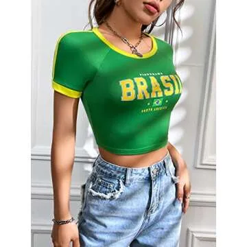 BEAUDRM Women's Letter Graphic Round Neck Contrast Binding Crop Tee Short Sleeve Slim Fit Pullover T Shirt Green Small