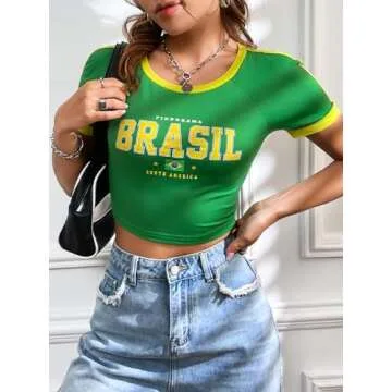 BEAUDRM Women's Letter Graphic Round Neck Contrast Binding Crop Tee Short Sleeve Slim Fit Pullover T Shirt Green Small