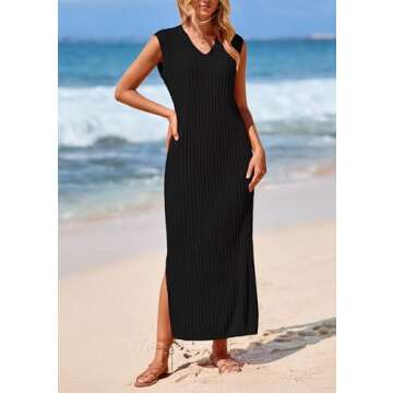 PRETTYGARDEN Women's 2025 Summer Casual Maxi Dresses Ribbed Knit Sleeveless V Neck 2 Piece Outfits with Slip Under Dress (Black,X-Large)