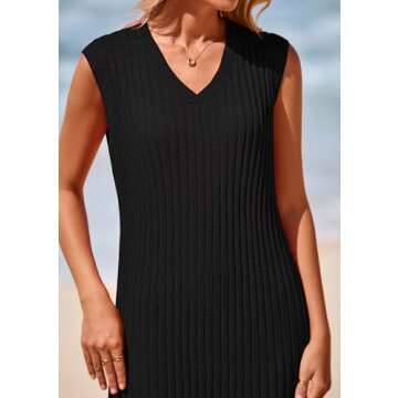 PRETTYGARDEN Women's 2025 Summer Casual Maxi Dresses Ribbed Knit Sleeveless V Neck 2 Piece Outfits with Slip Under Dress (Black,X-Large)