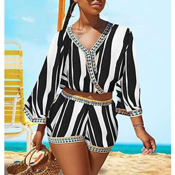 LalaLin Women's Sexy Two Piece Outfits - Floral Print Crop Top 3/4 Sleeve Short 2 piece Sets Beach Jumpsuit