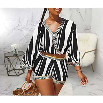 LalaLin Women's Sexy Two Piece Outfits - Floral Print Crop Top 3/4 Sleeve Short 2 piece Sets Beach Jumpsuit