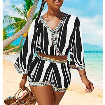 LalaLin Women's Sexy Two Piece Outfits - Floral Print Crop Top 3/4 Sleeve Short 2 piece Sets Beach Jumpsuit