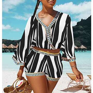 LalaLin Women's Sexy Two Piece Outfits - Floral Print Crop Top 3/4 Sleeve Short 2 piece Sets Beach Jumpsuit